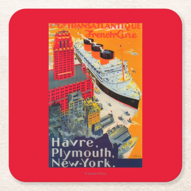 French Line Travel Poster, Havre to Plymouth, NY Square Paper Coaster (Front)