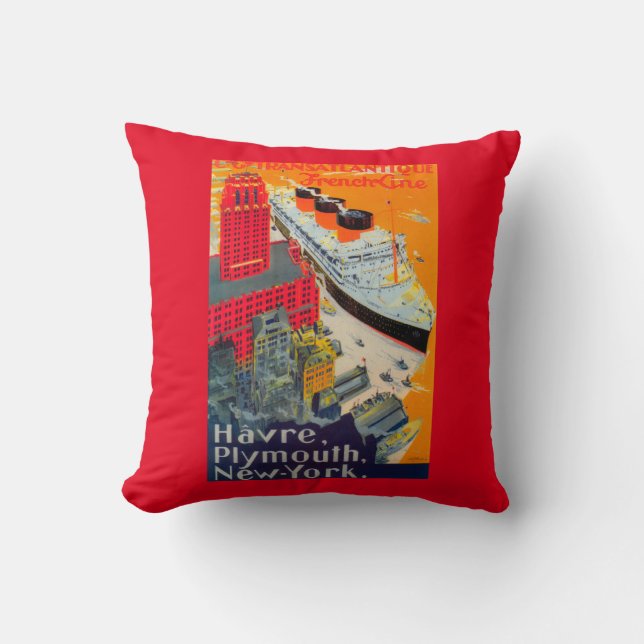 French Line Travel Poster, Havre to Plymouth, NY Throw Pillow (Front)