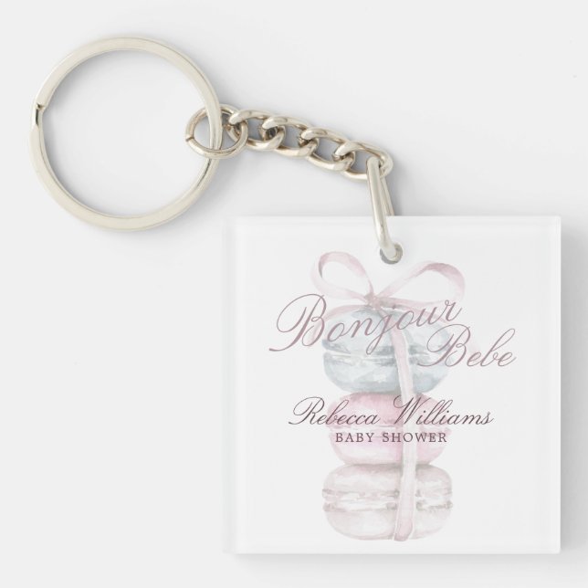 French Macaron Bonjour Bebe Baby shower Keychain (Front)