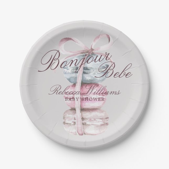 French Macaron Bonjour Bebe Baby shower Paper Plates (Front)