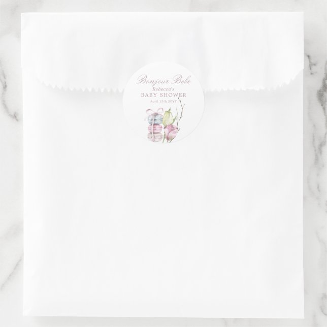 French Macaron Bonjour Bebe Paris Baby shower Classic Round Sticker (Bag)