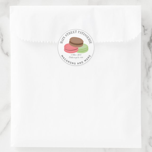 French Macaron Patisserie Bakery Business Address Classic Round Sticker (Bag)
