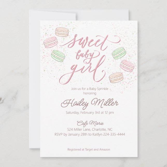 French Macaron Sweet Baby Girl Sprinkle Invitation (Front)