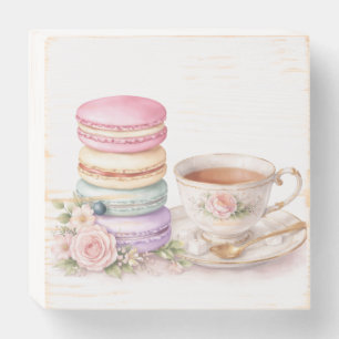 French Macaron & Tea Cup Watercolor Art Wooden Box Sign