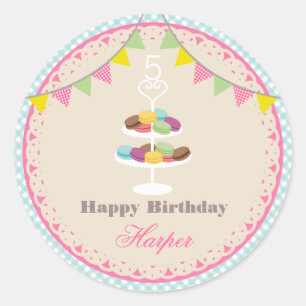 French Macarons Birthday Party Blue Gingham Classic Round Sticker