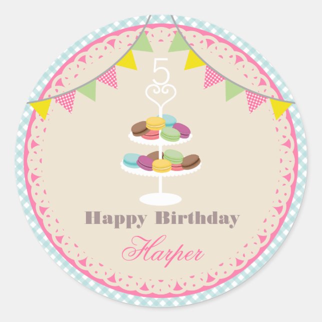 French Macarons Birthday Party Blue Gingham Classic Round Sticker (Front)