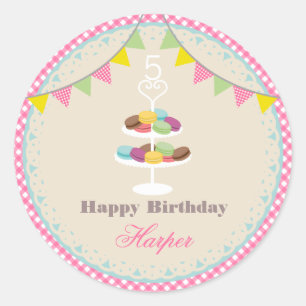 French Macarons Birthday Party Pink Gingham Classic Round Sticker