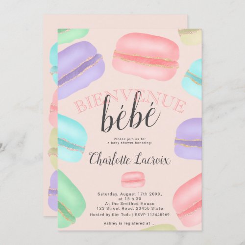 French macarons glitter pink baby shower invitation