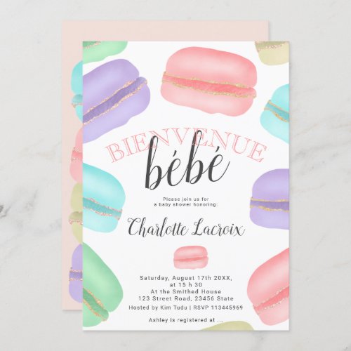 French macarons glitter watercolor baby shower invitation