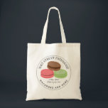 French Macarons Patisserie Business Address Tote Bag<br><div class="desc">Illustration of circle logo with chocolate,  pink,  and green French macarons with custom text for business name,  tagline,  and address.</div>