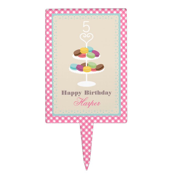 French Macarons Pink Gingham Birthday Cake Pick