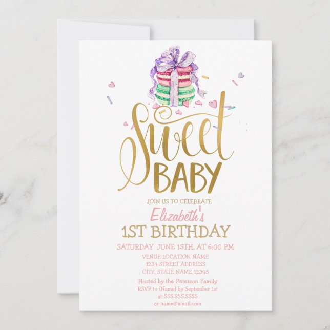 French Macarons Striped Birthday Invitation (Front)
