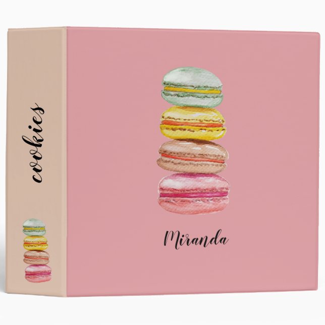 French Macarons Watercolor Hand-painted 3 Ring Binder (Front/Spine)