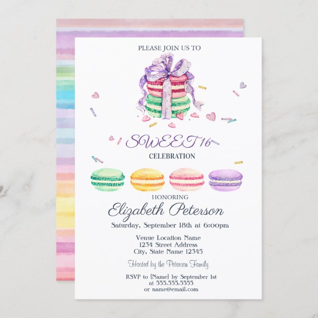 French Macarons Watercolor Striped Sweet 16 Invitation (Front/Back)