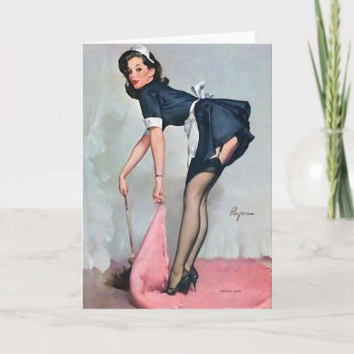 French Maid Sweeping Pin Up Card