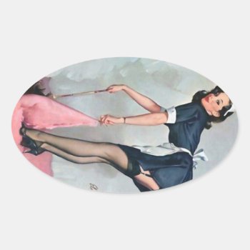 French Maid Sweeping Pin Up Oval Sticker by Vintage_Art_Boutique at Zazzle