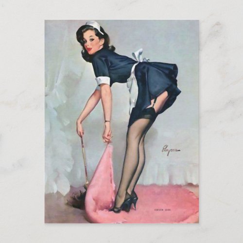 French Maid Sweeping Pin Up Postcard