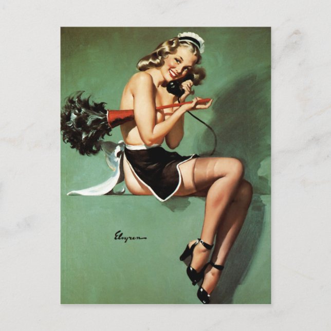French Maid with Duster Pin Up Postcard (Front)