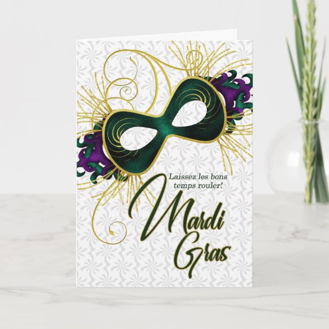 French Mardi Gras Violet, Gold and Green Mask Card (Front)