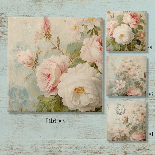 French Market Flower Vintage Floral Pink and White Ceramic Tile (Creator Uploaded)