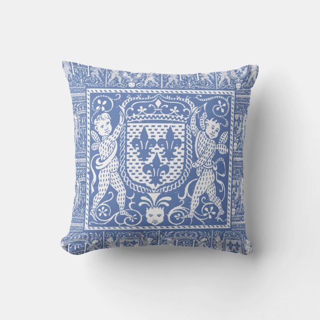 French Medieval Chateau Blue Fleur de Lys Throw Pillow (Front)