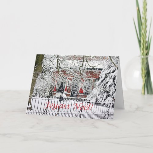 french merry christmas farm in the snow card