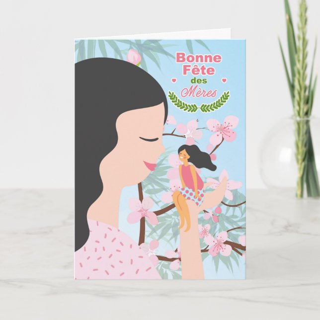 FRENCH Mother's Day Cherry Blossoms Mom and Child Card (Front)