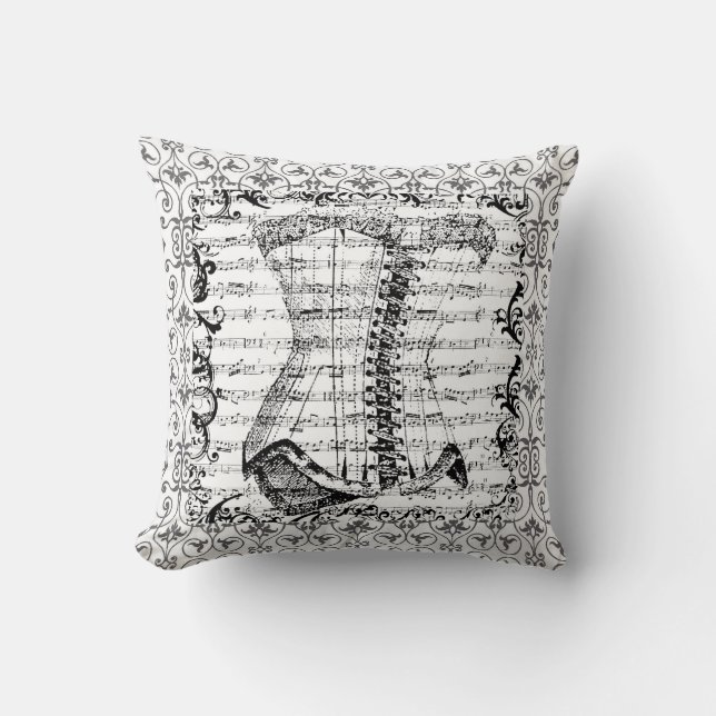 French Music Corset Black and White Throw Pillow (Front)