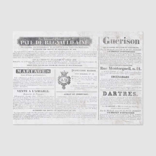 French Newspaper Ads Crown Marriage Decoupage      Tissue Paper (Front)