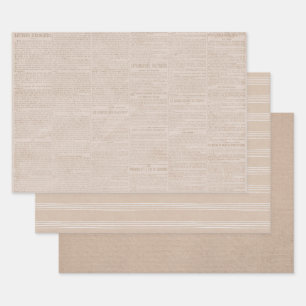French Newspaper Stripes Vintage Kraft Decoupage  Wrapping Paper Sheets