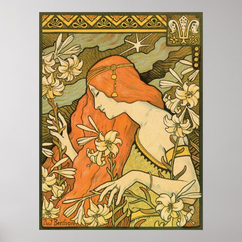 French Nouveau Pinup Girl in Field of Honeysuckles Poster