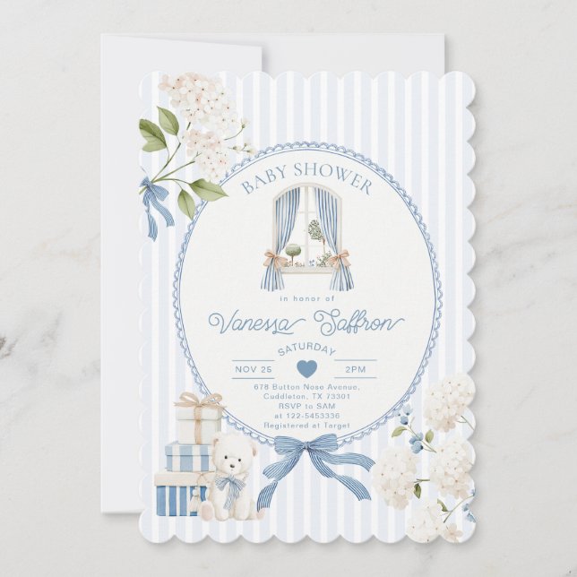 French Nursery Baby Boy Shower Coquette Stripe Bow Invitation (Front)