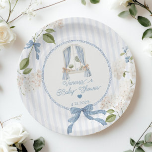 French Nursery Baby Shower Blue Stripes Bow Paper Plates