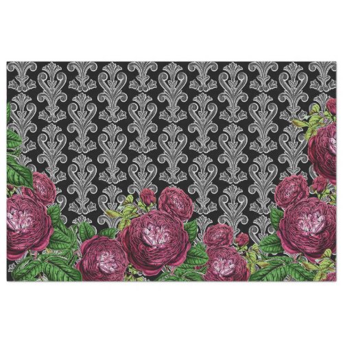 FRENCH ORNAMENTAL WALLPAPER WITH CABBAGE ROSES TISSUE PAPER