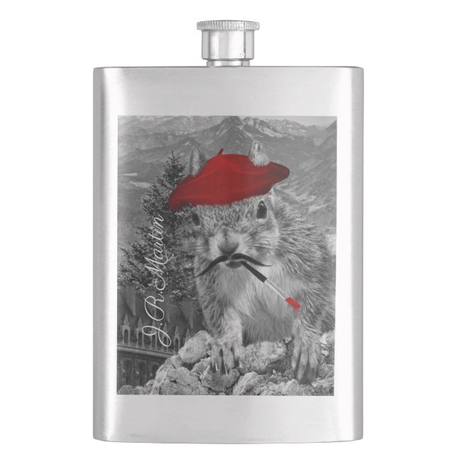 French Painter in Red Beret Squirrel Hip Flask (Front)
