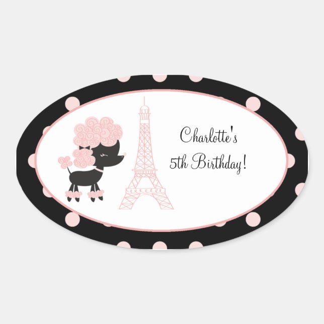 French Paris Poodle Oval Favor Sticker (Front)