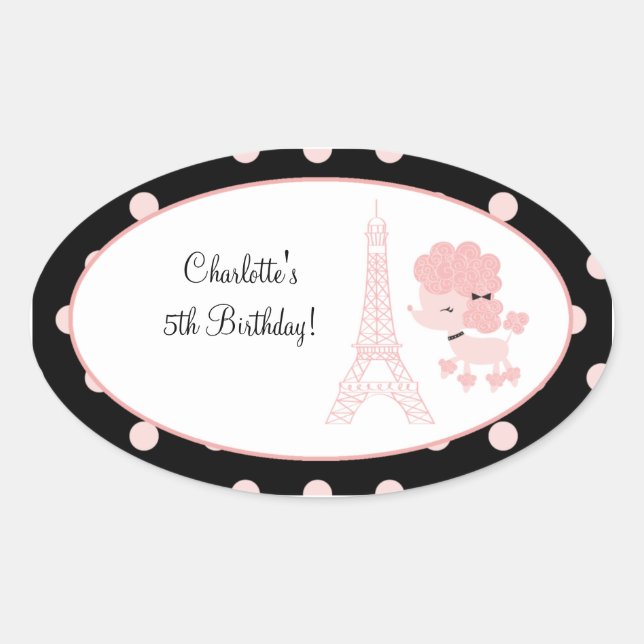 French Paris Poodle Oval Favor Sticker (Front)