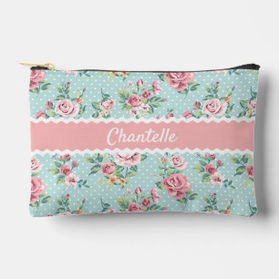 French Pastel Mint Green Blush Pink Rose Pattern Accessory Pouch