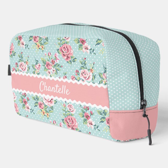French Pastel Mint Green Blush Pink Rose Pattern Dopp Kit (Right Corner)