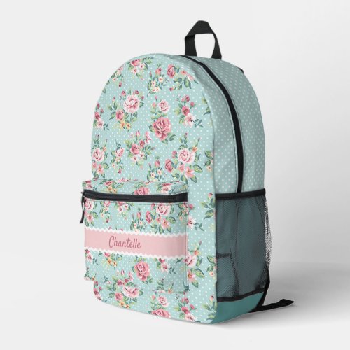 French Pastel Mint Green Blush Pink Roses Pattern Printed Backpack