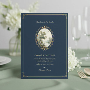 French Pastoral Navy Blue & Gold Wedding Invitation
