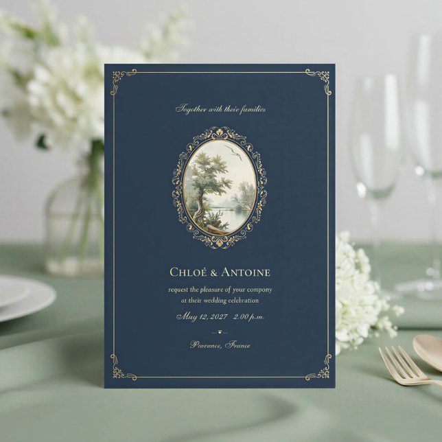 French Pastoral Navy Blue & Gold Wedding Invitation (Creator Uploaded)