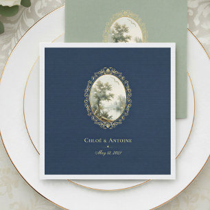 French Pastoral Navy Blue & Gold Wedding Napkins