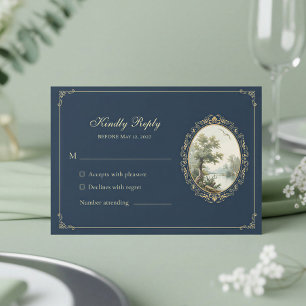 French Pastoral Navy Blue & Gold Wedding RSVP Card