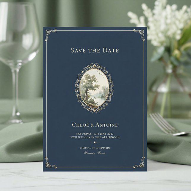 French Pastoral Navy Blue & Gold Wedding  Save The Date (Creator Uploaded)