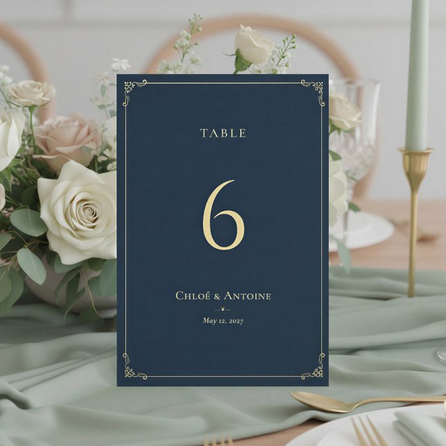French Pastoral Navy Blue & Gold Wedding Table Number (Creator Uploaded)