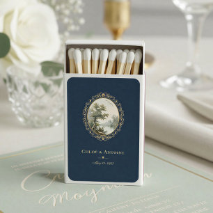French Pastoral Navy Blue & Gold Wedding Vertical Matchboxes