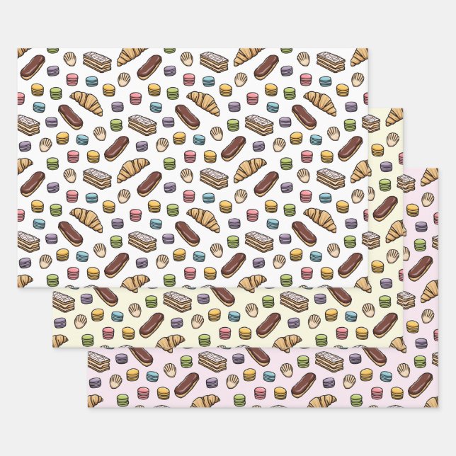 French Pastries Sweet Macaron Pattern Wrapping Paper Sheets (Set)