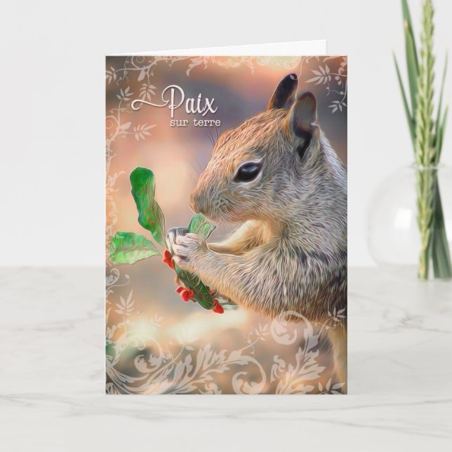 French Peace on Earth Squirrel and Holly Holiday Card (Front)