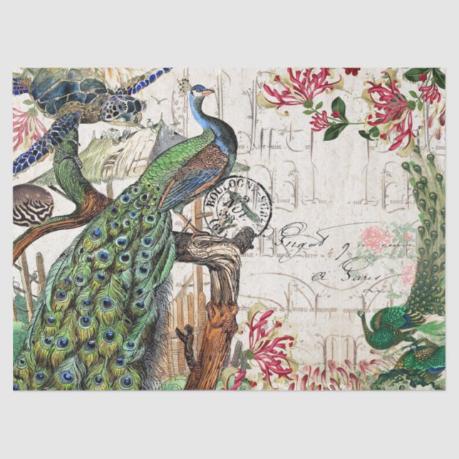 French Peacock Bird Turtle Blowfish Flowers Tissue Paper (Front)